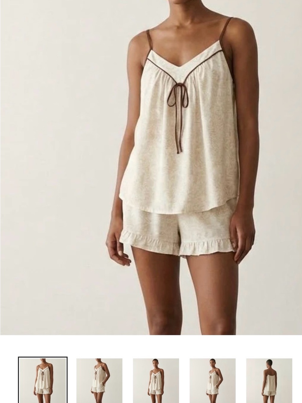Cream Cami & Ruffle Short Pajama Set with Brown Trim